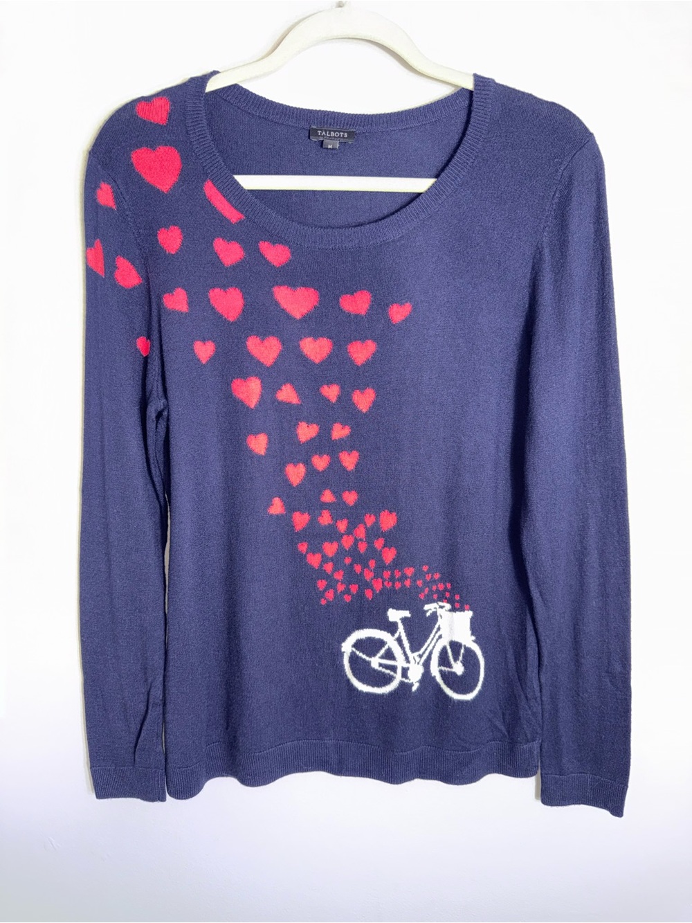 Talbots Lightweight Pullover Sweater-Navy Blue-Bicycle Hearts-Cotton Blend-Med